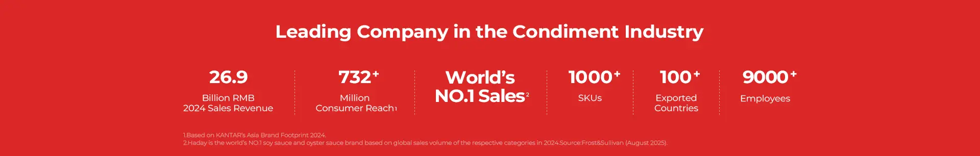 Haday company performance banner showing sales revenue, global consumer reach, and industry-leading condiment brand statistics.