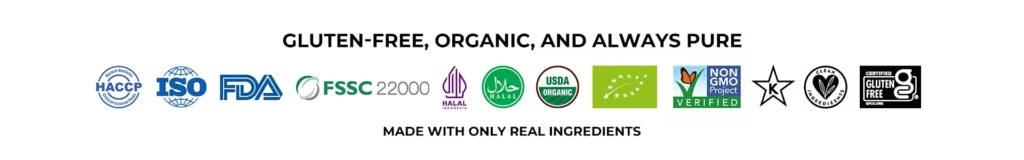 Haday food safety and quality certifications including HACCP, ISO, FDA, FSSC22000, USDA Organic, EU Organic, Non-GMO, Halal, Kosher, and Gluten-Free certifications